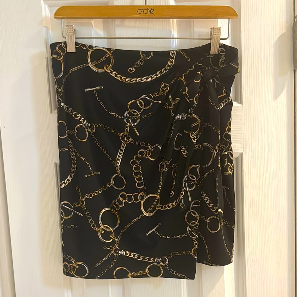 Caché Vintage Black and Gold Equestrian Chain Print Skirt